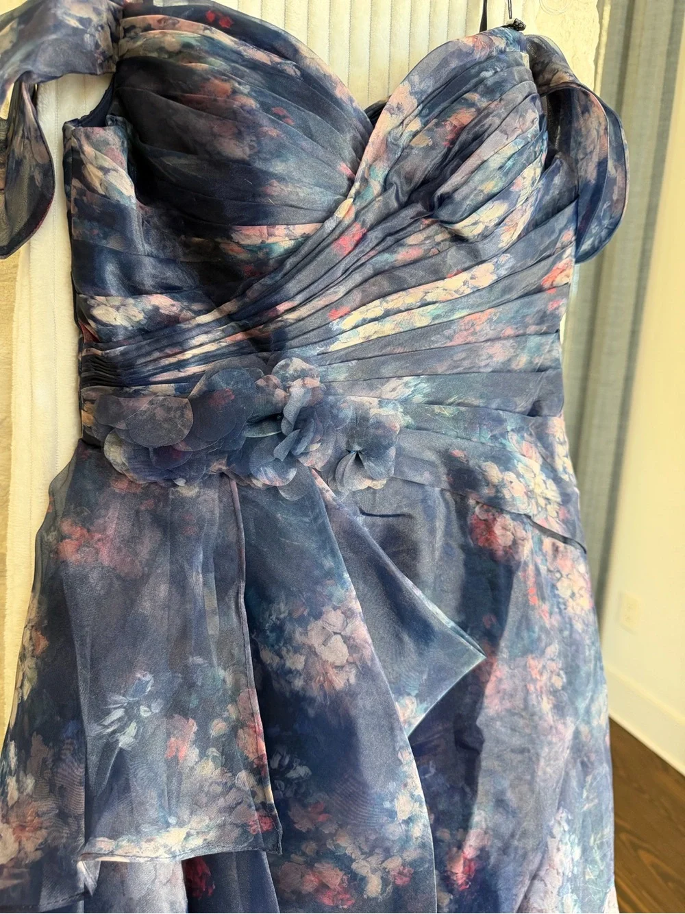 Navy Floral Strapless Evening Gown with Ruffle Detail - Picture 4 of 11